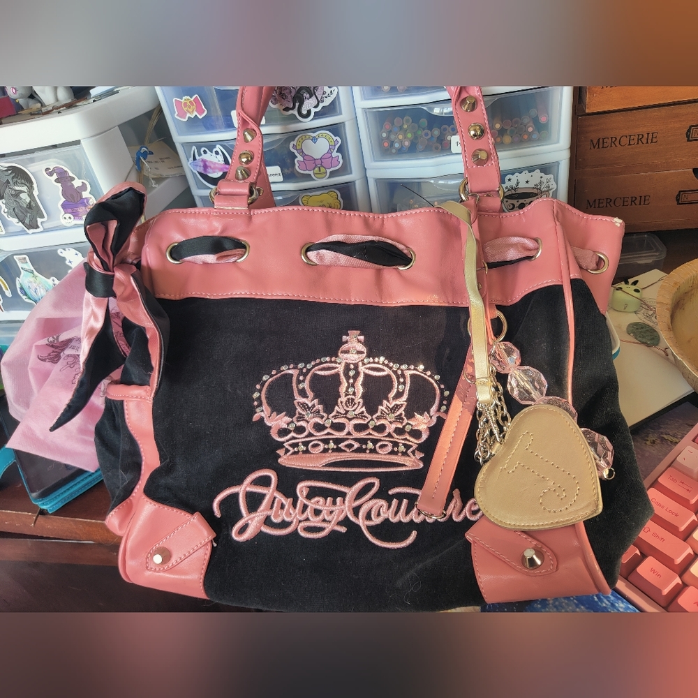 REPLICA juicy couture rose pink black velour shoulder bag purse leather y2k
